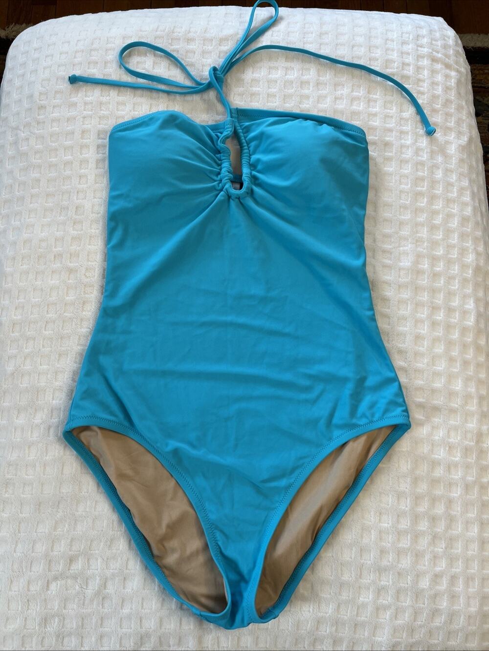 J CREW S Ruched V Neck One Piece Tie Halter Swimsuit Turquoise Lined Classic